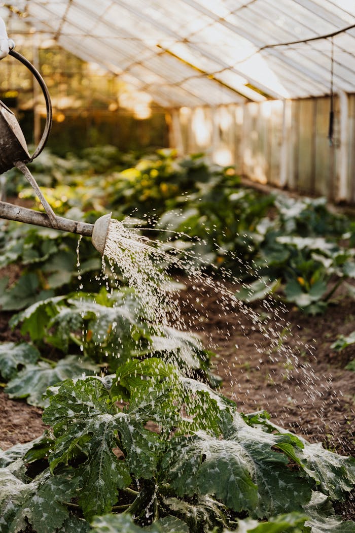 A watering can sprays water over lush green plants in a sunlit greenhouse setting.